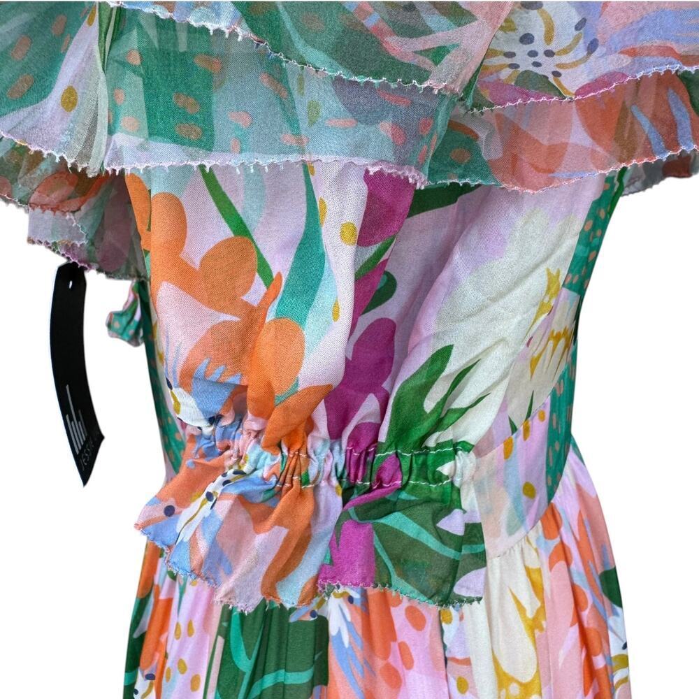 Jessie Liu Silk Summer Floral Tiered Ruffled Midi Dress Resort Pink NWT Small - Picture 6 of 9